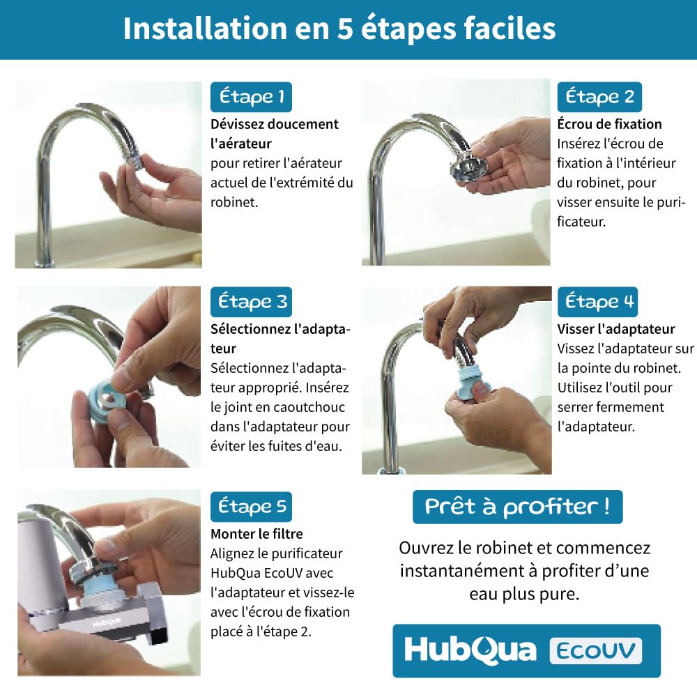 EcoUV - Filtre à Eau pour Robinet avec Technologie UV Brevetée Autogénérée, 2 Cartouches Double Action (Antical + Fibre de Carbone) Incluses, Élimine Calcaire, Chlore, Bactéries et Impuretés