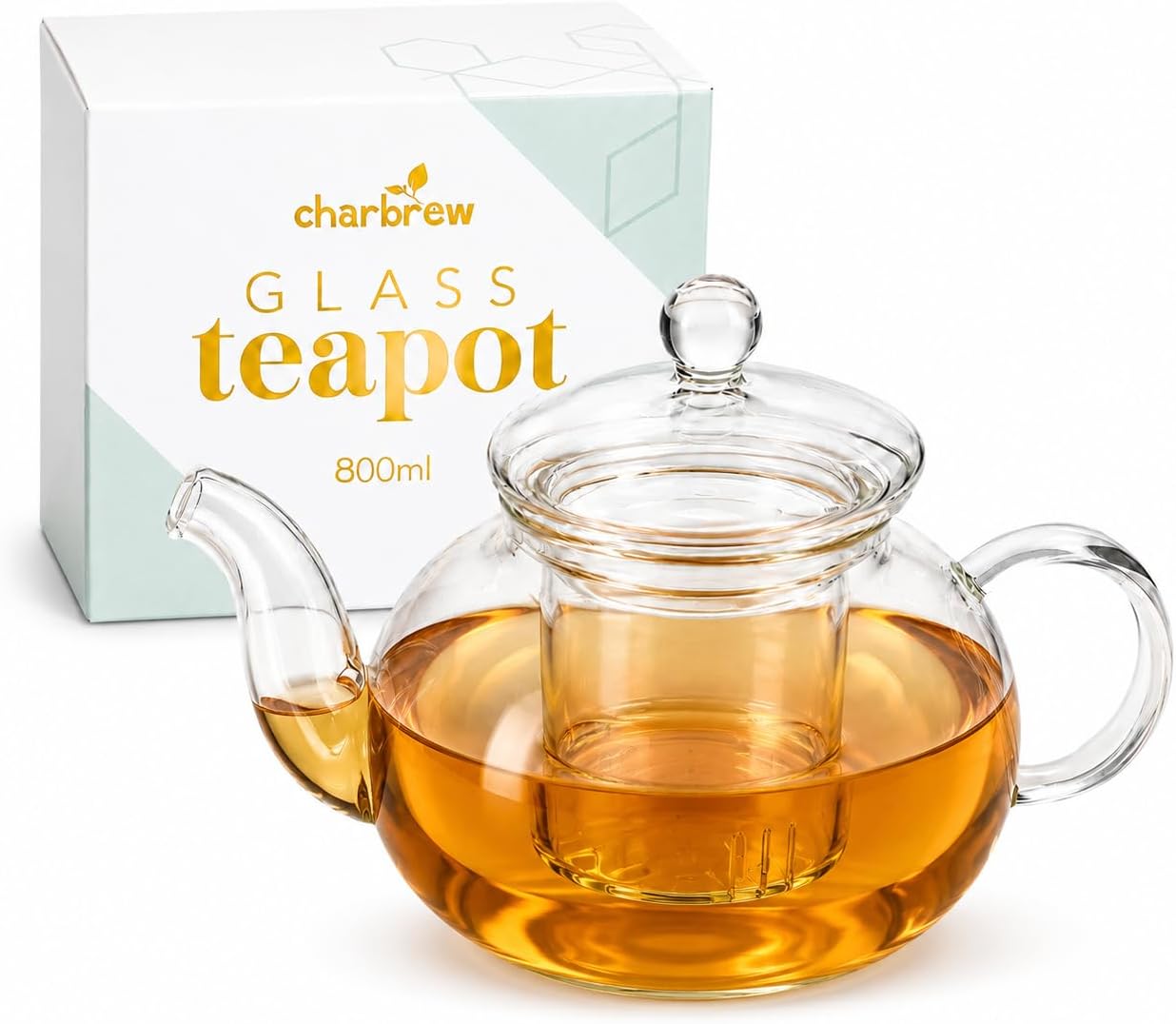 800ml Glass Teapot with Infuser - Borosilicate Glass | Borosilicate Glass, Loose Leaf Tea, Teabags & Blooming Tea, Serves 3 Cups, Dishwasher Safe