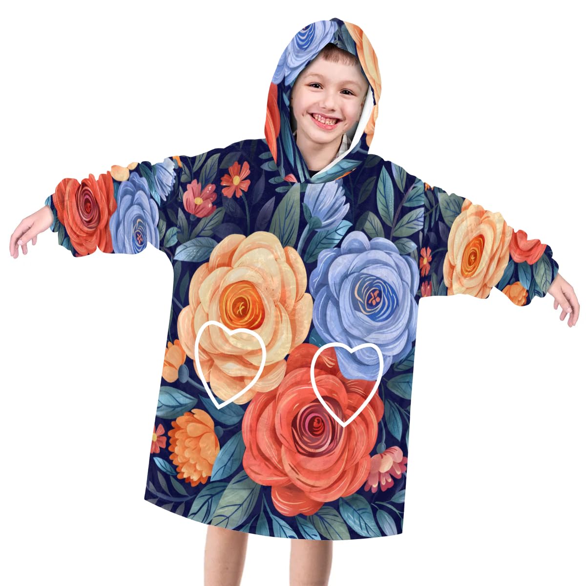 Wearable Blanket Hoodie for Kids, Colorful Floral Fleece Sweatshirt Blanket Oversized Blanket Sweatshirt with Pocket Flannel Warm Hooded Blanket 6-10 Year Old Girl Boy Gift, One Size