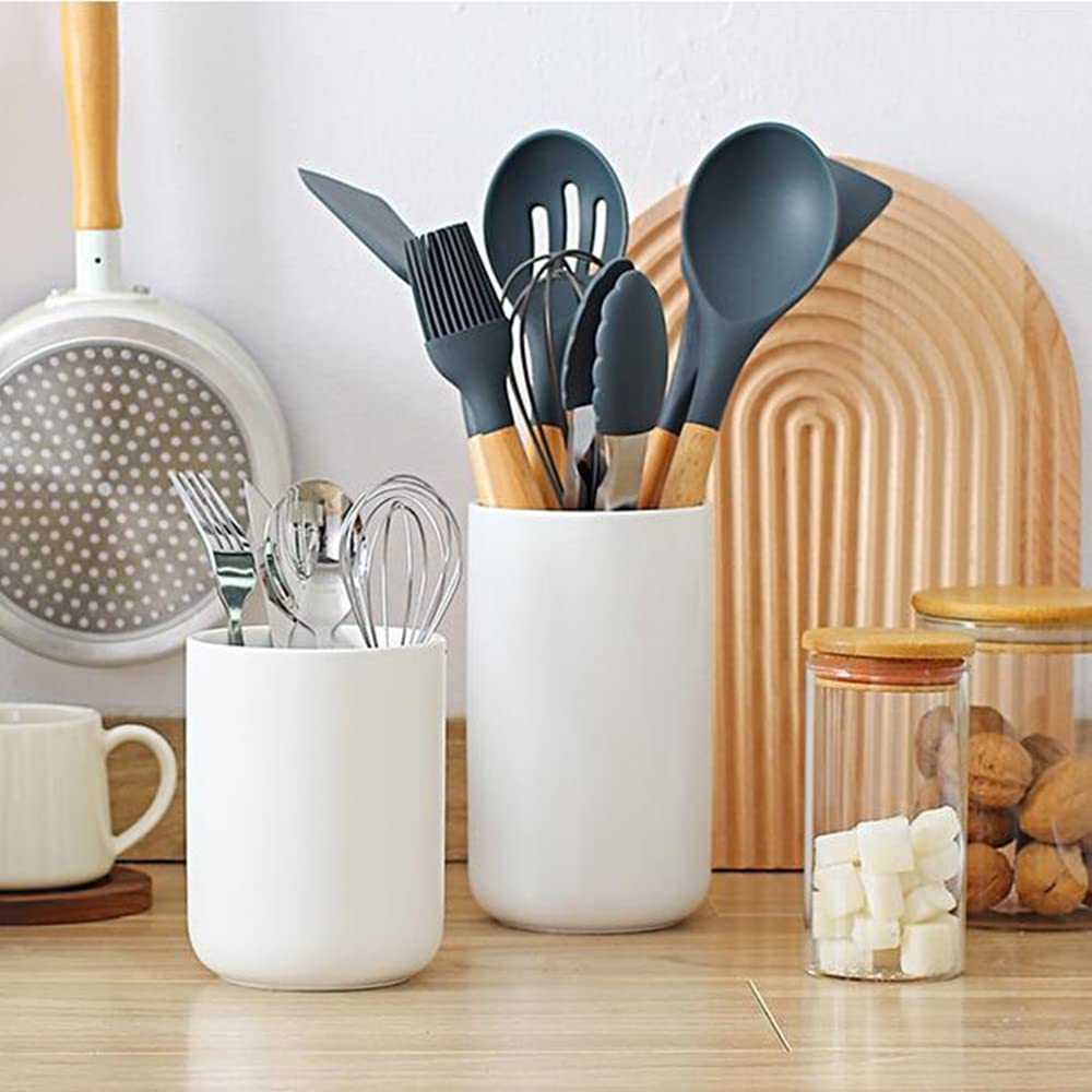 Organizador Cubiertos Cocina en Encimera, Redondo Bote Porta Utensilios de Cocina de Ceramica para Espátulas, Batidores, Cucharas Cuchillos Tenedores Palillos