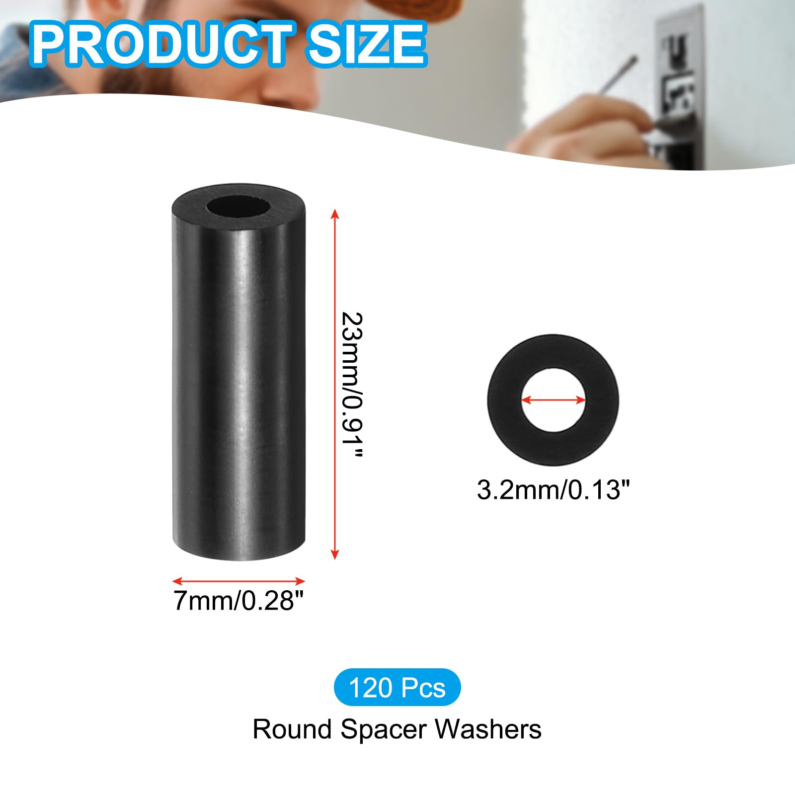 PATIKIL M3 Black ABS ID 3.2mm,OD 7mm,Length 23mm, Nylon Round Spacer Washers - Image 2