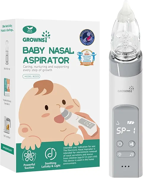 GROWNSY Nasal Aspirator for Baby, Electric Baby Nose Sucker with Larger Suction Chamber and More Powerful Suction, Automatic Nose Cleaner with Music and Light Soothing Function Grey