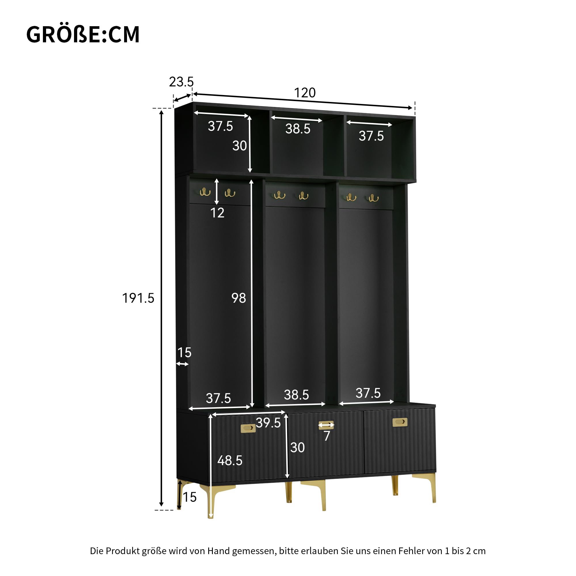 Ymkua Garderobenset Wandgarderobe, Flurgarderobe Set mit offene Aufbewahrung, Garderoben Set mit 6 Goldene Haken und Türen, Kompaktgarderobe, Wandgarderobe, B120/D23.5/H191.5 cm (Schwarz)