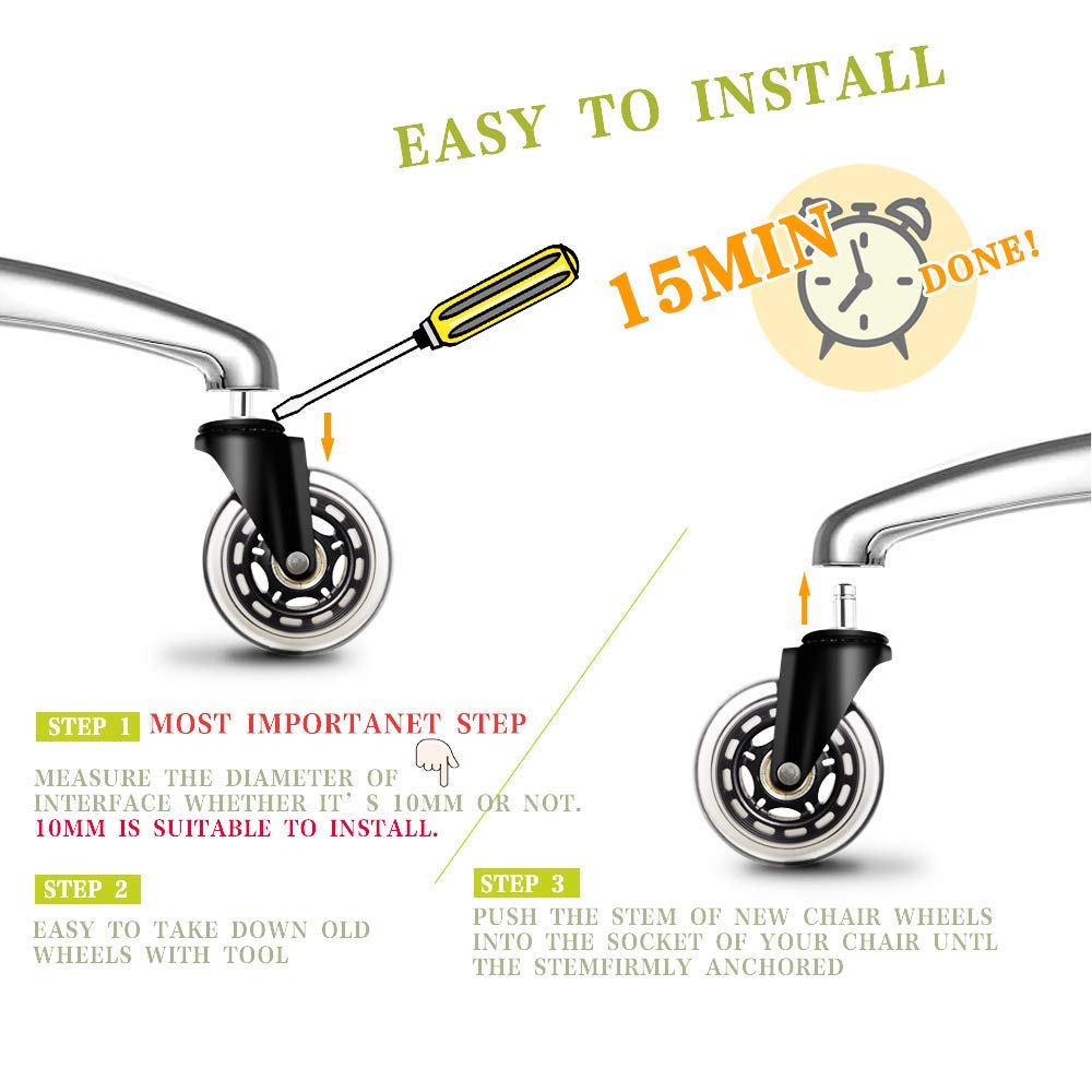 Buy Office Chair Caster Wheels 10mm Stem, Fit IKEA Chairs Only, 3