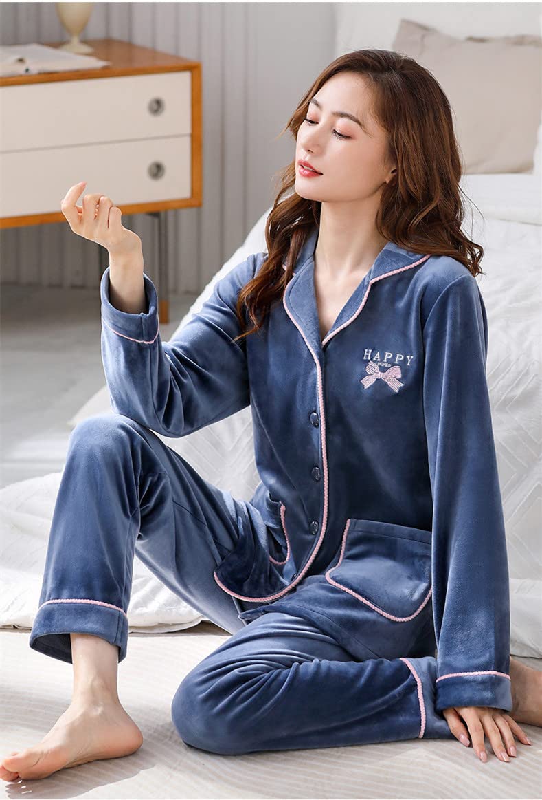 LUBOSE Pijama de franela para mujer, conjunto de ropa de descanso, 2 piezas, pijama con botones, ropa de descanso térmica (M, azul marino)