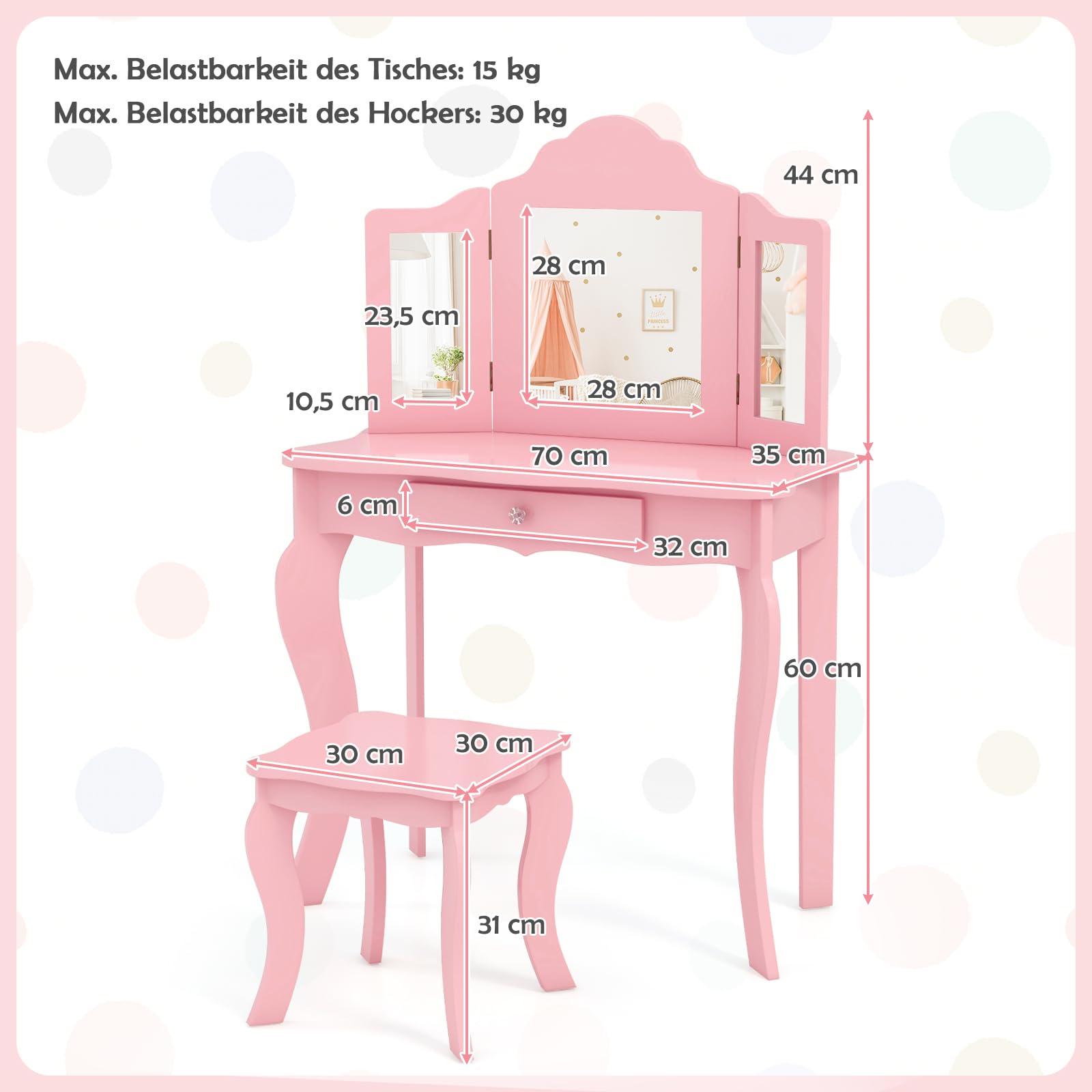 DREAMADE Schminktisch Kinder mit Hocker & Abnehmbarer Spiegel, Prinzessin Frisiertisch mit Schublade, Kinderschminktisch für Kinder Mädchen (Rosa-ohne Beleuchtung)