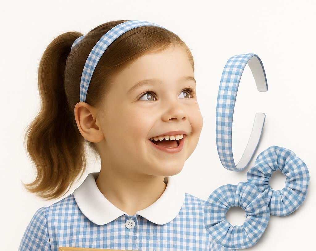 Girls Gingham Hair Set - Light Blue School Headband & 2 Matching Scrunchies