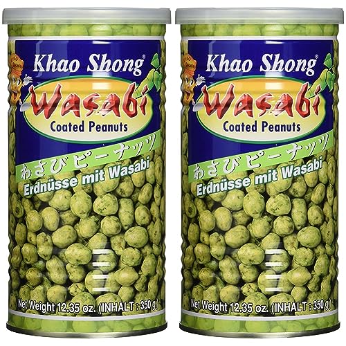Khao Shong Erdnüsse mit Wasabi, knackige Erdnüsse im scharfen Teigmantel, mittlere Schärfe, knusprige Snacks für unterwegs, (1 x 350 g Dose) (Packung mit 2)