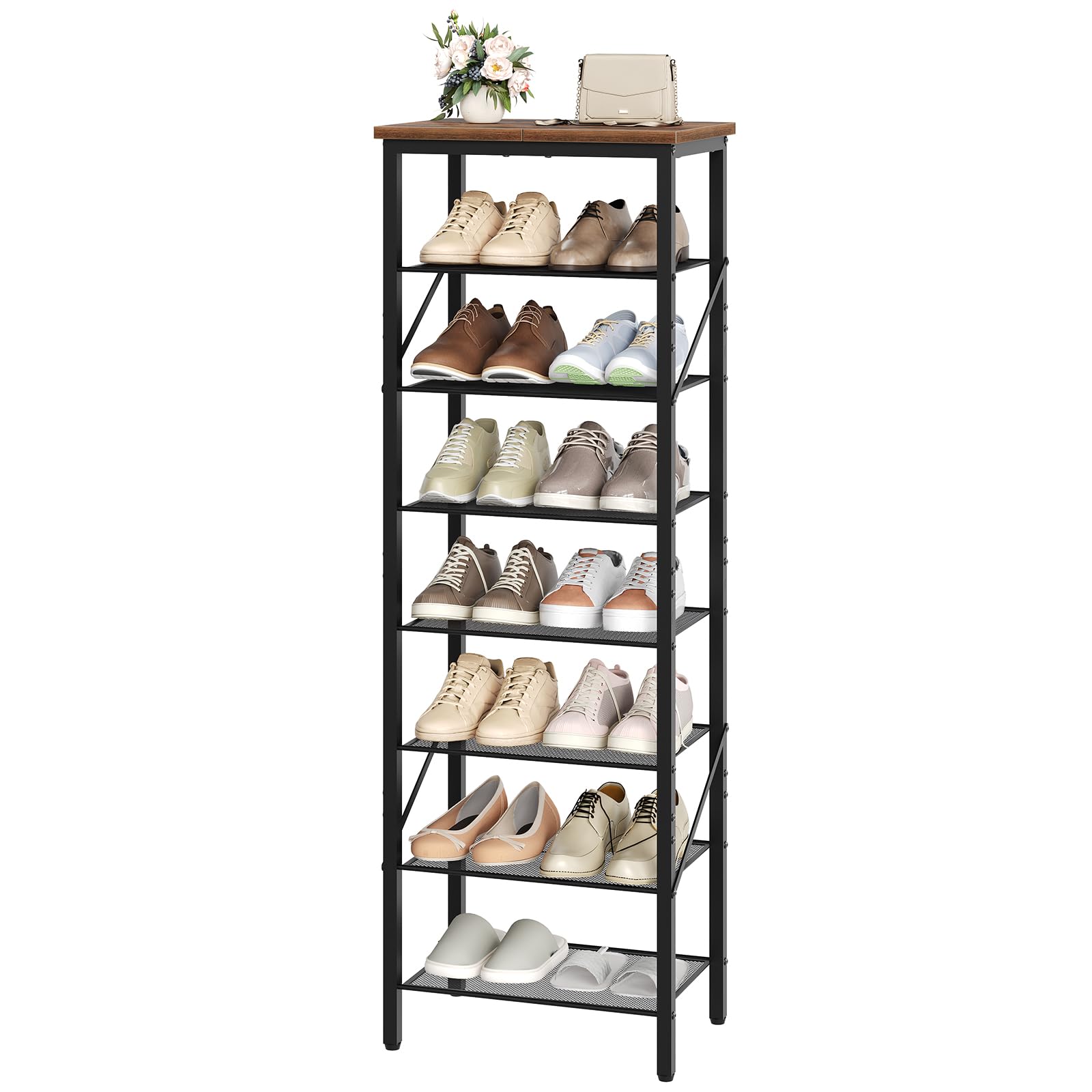 MAHANCRIS 8-Tier Narrow Shoe Rack, Vertical Shoe Storage Organizer, for 12-24 Pairs, Shoe Shelf with Metal Frame, for Hallway, Entryway, Living Room, Rustic Brown and Black ASRHR08401
