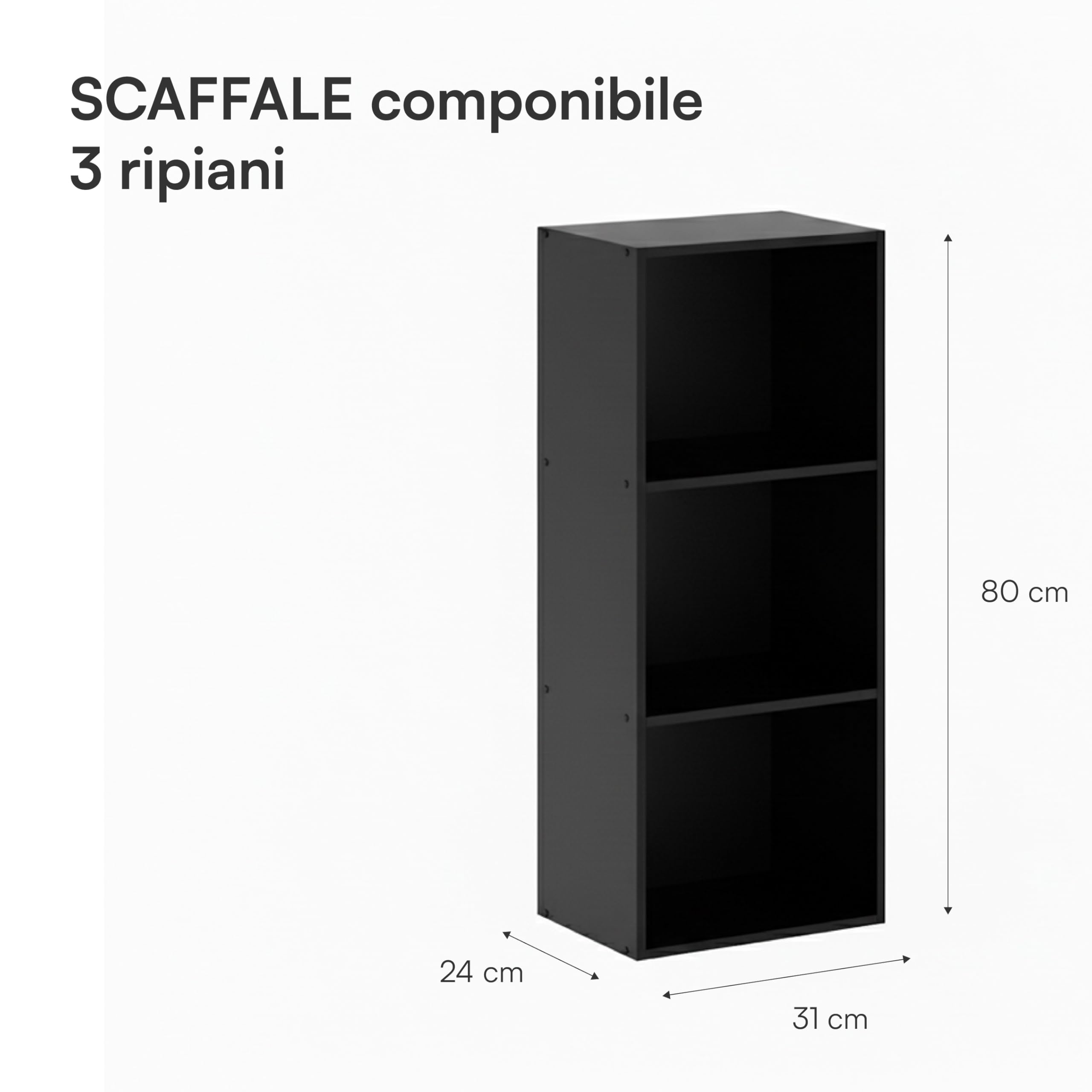 Baroni Home Libreria a Cubi Componibile, Scaffale Modulare 3 Ripiani Multiuso per Soggiorno, Camera e Ingresso, Design Moderno, Montaggio Semplice (Nera 3 Ripiani)
