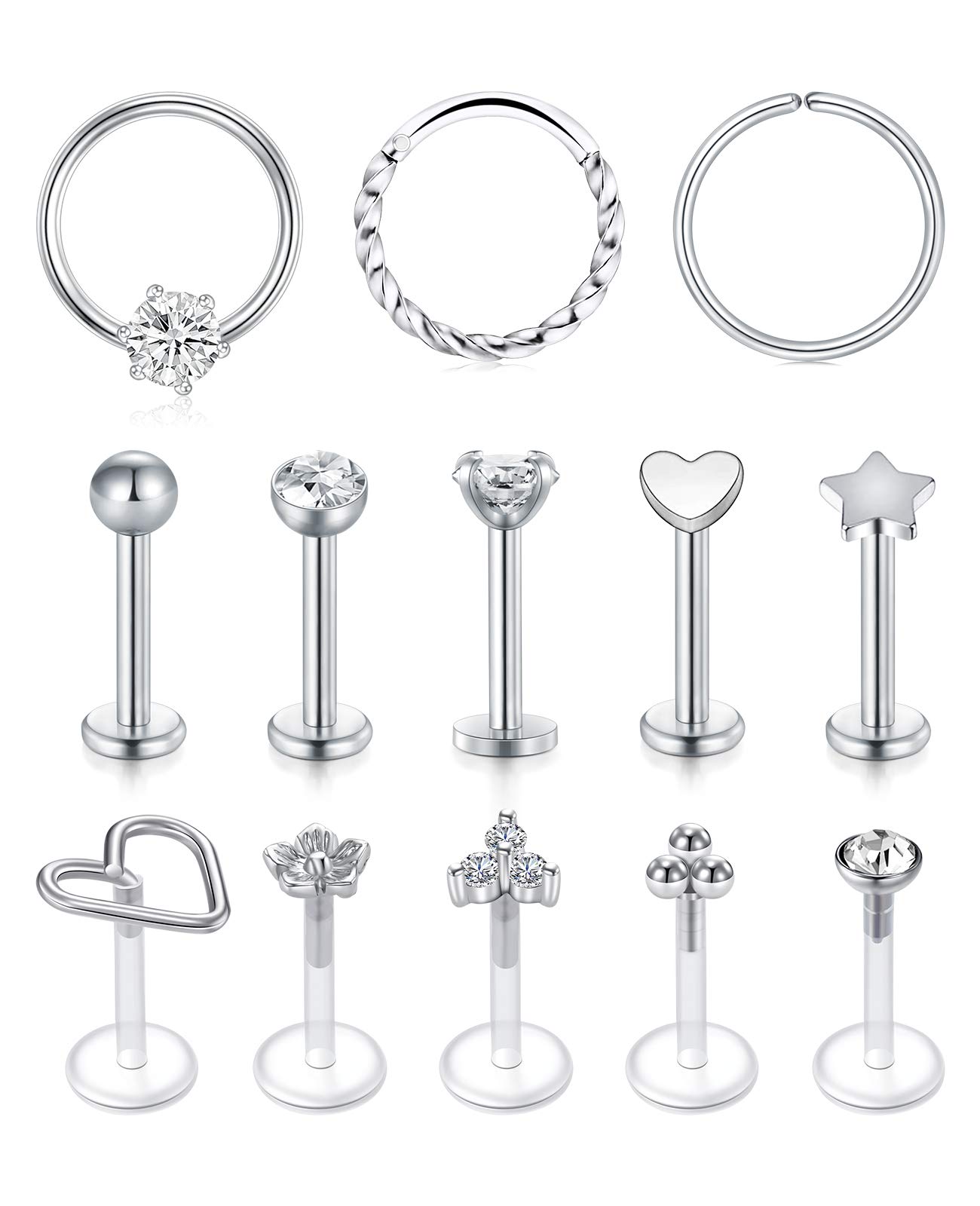 AceFun16G Cartilage Tragus Helix Ear Piercing Surgical Steel and Acrylic Transparent Daith Lip Retainers Silver Rose Gold Piercing Jewellery for Women Men