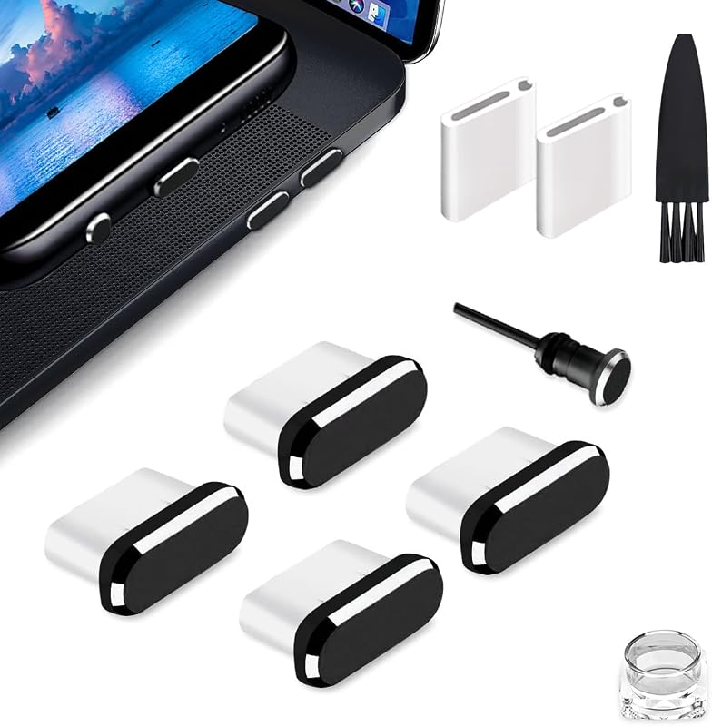 USB C Dust Plug, Type C Dust Cover Charging Port Cap 4 PCS with Cleaning Brush Black, Compatible with iPhone 17 16 15 Pro Max Plus Samsung S25 S24 Ultra, Anti Lost Phone Accessory Protector