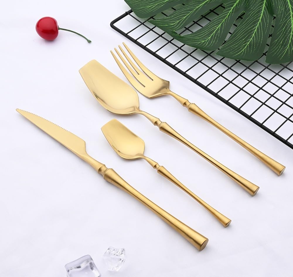 ONUIFIKE Silverware Set, 4/16/24/32/40/48pcs Gold 304 Stainless Steel Cutlery Matte Stainless Steel Steak Knife, Fork And Spoon, Home Cutlery Flatware Set(Gold,32 Piece set for 8)