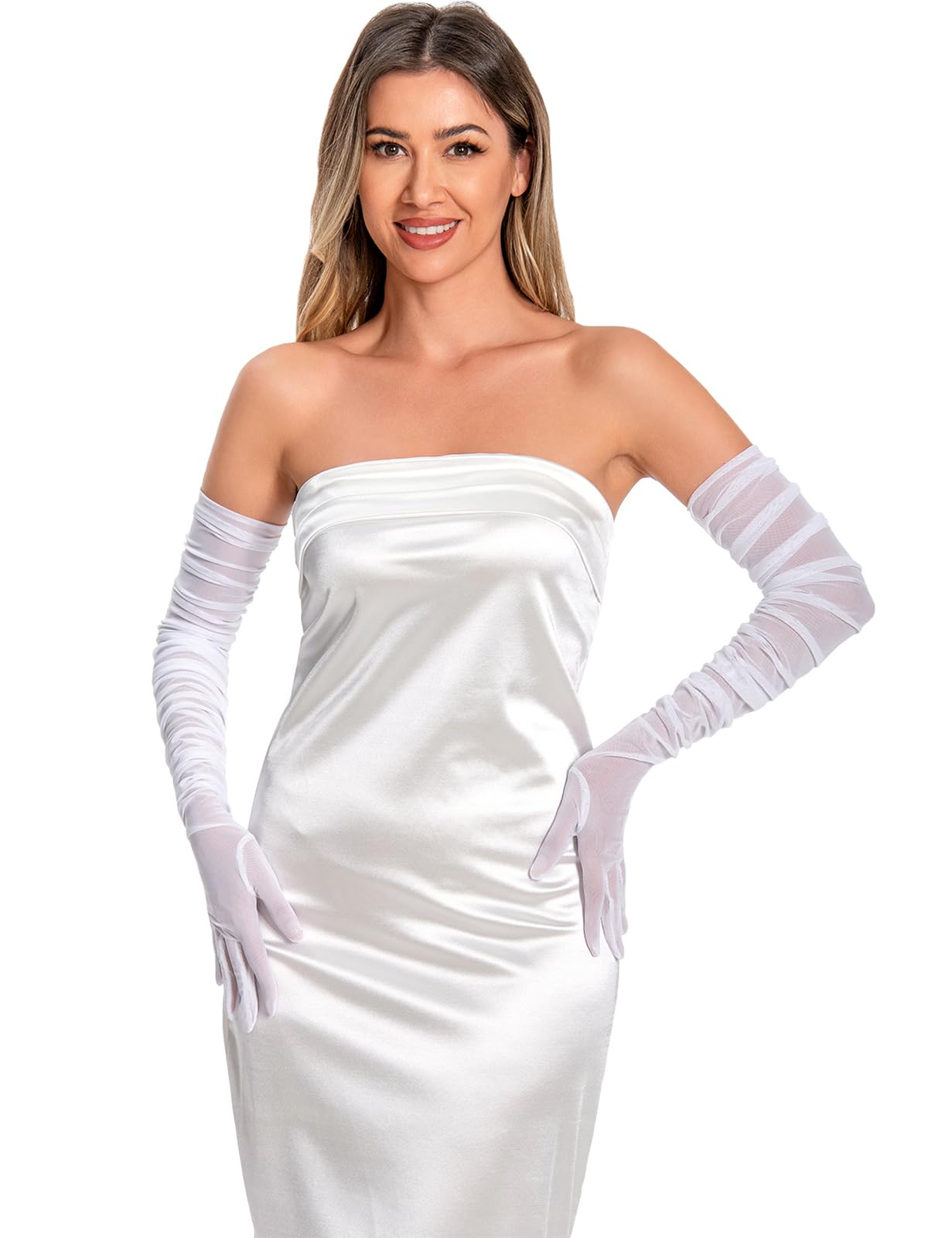 chrumeshi Long Gloves Women Formal Sheer Mesh Opera Evening Fishnet Shoulder Length Masquerade Gloves (White)