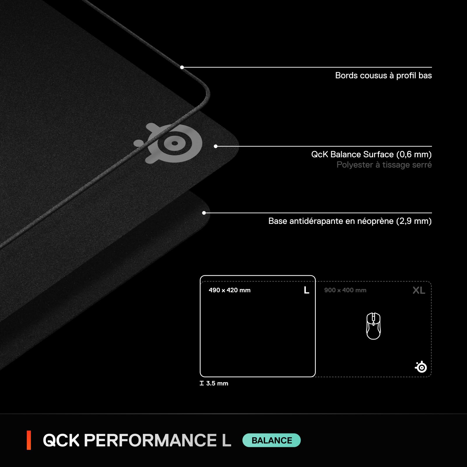 SteelSeries tapis de souris gaming QcK L Performance Balance - Densité élevée pour une glisse fluide - Bords cousus à profil bas - Base antidérapante en néoprène - Taille 490 x 420 mm -FPS, MOBAs, RTS