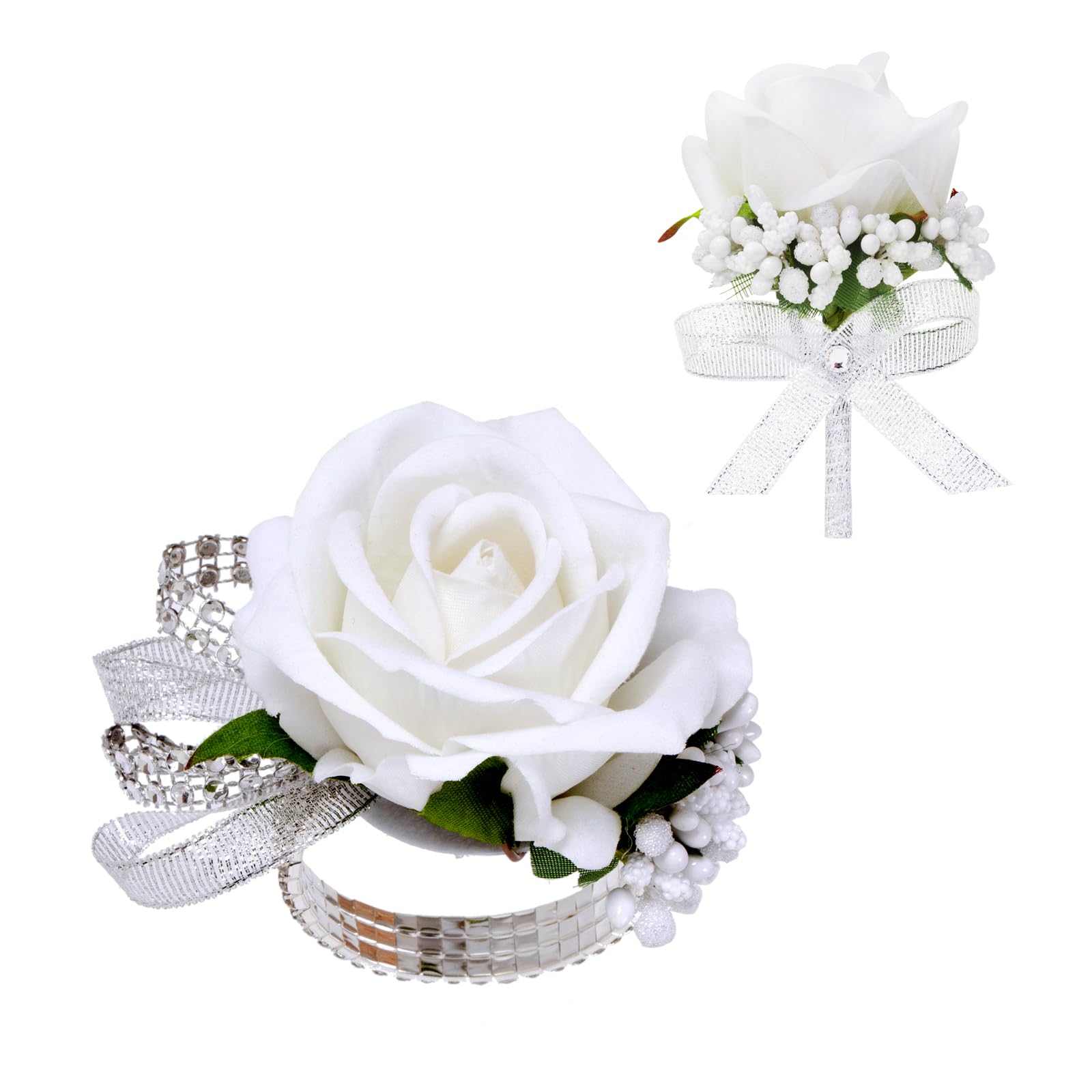 2Pcs White Rose Corsage and Boutonniere Set, Corsage Wristlet Band for Prom Decorations, Artificial Boutonniere for Men Wedding Party Suit Flower Accessories