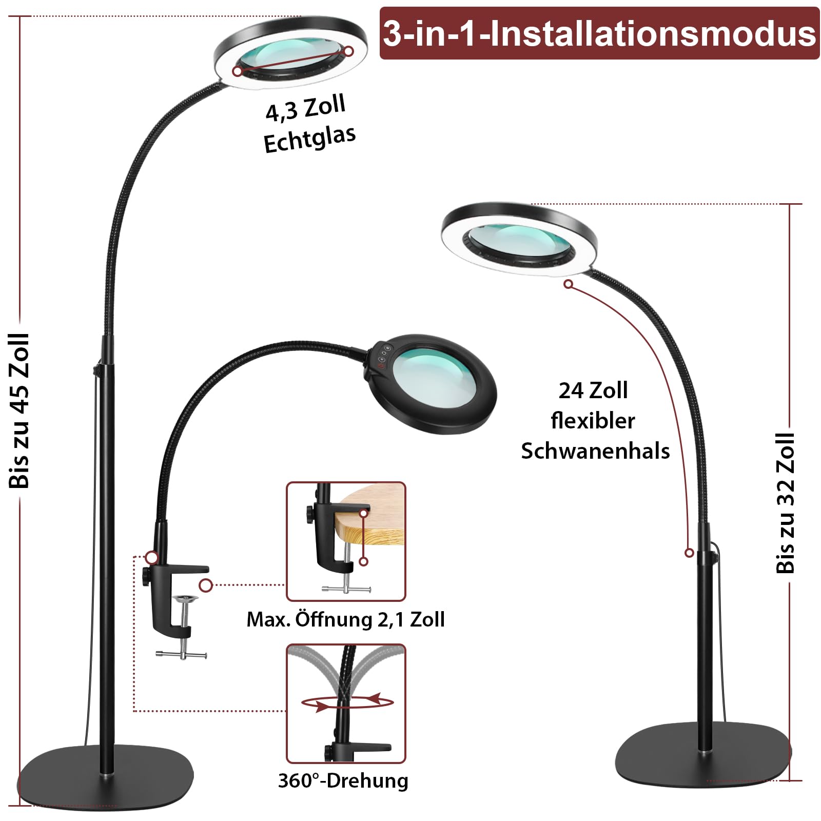 Veemagni 12X Lupa con Lentes de Cristal auténtico con luz y Soporte, 5 Modos de Color, Regulable sin escalonamientos, lámpara de Aumento LED 3 en 1, Lupa de pie, Manos Libres para Leer o Pintar.