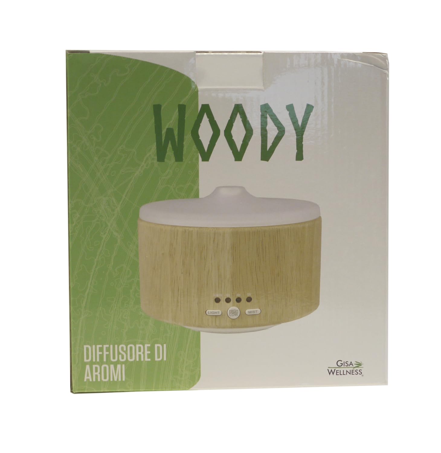 Gisa Wellness - WOODY - Diffusore di Aromi ed Oli Essenziali ad Ultrasuoni - 250ml - Aromaterapia e Cromoterapia - Vetro e Legno - Timer, Durata 6h - Relax