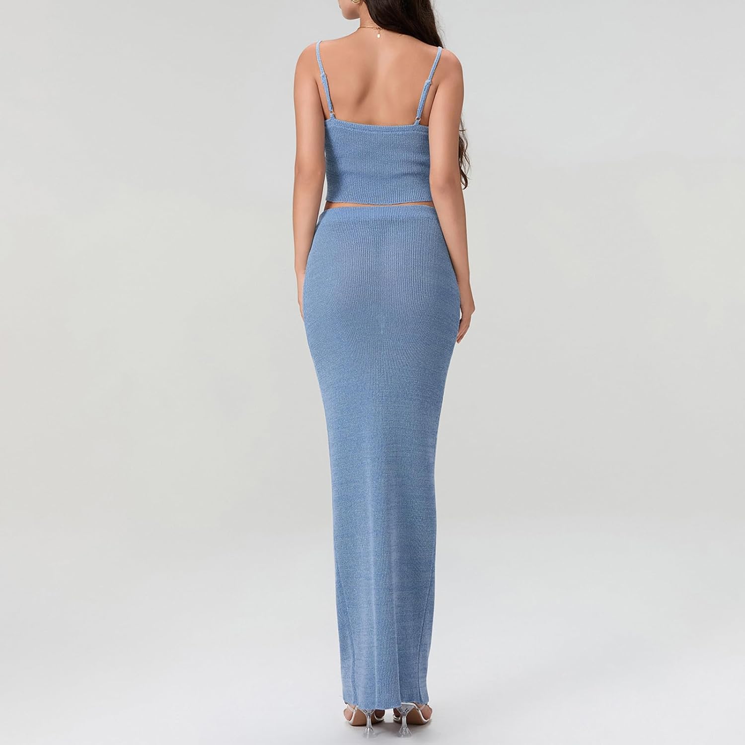 Women Two Piece Skirt Outfits Sleeveless Spaghetti Strap Scoop Neck Cami Tops Bodycon Sexy Maxi Skirts Sets Summer - Image 5