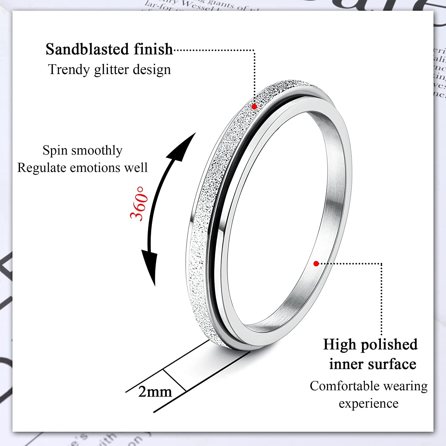 Diamday 4Pcs Ansiedad Giratorios Anillos para Estrés Ansiedad Aliviar Acero Inoxidable Fidget Band Anillos para Mujeres Hombres Spinner Anxiety Ring Antiestrés Anillos Sand Blast Finish 2MM 4MM