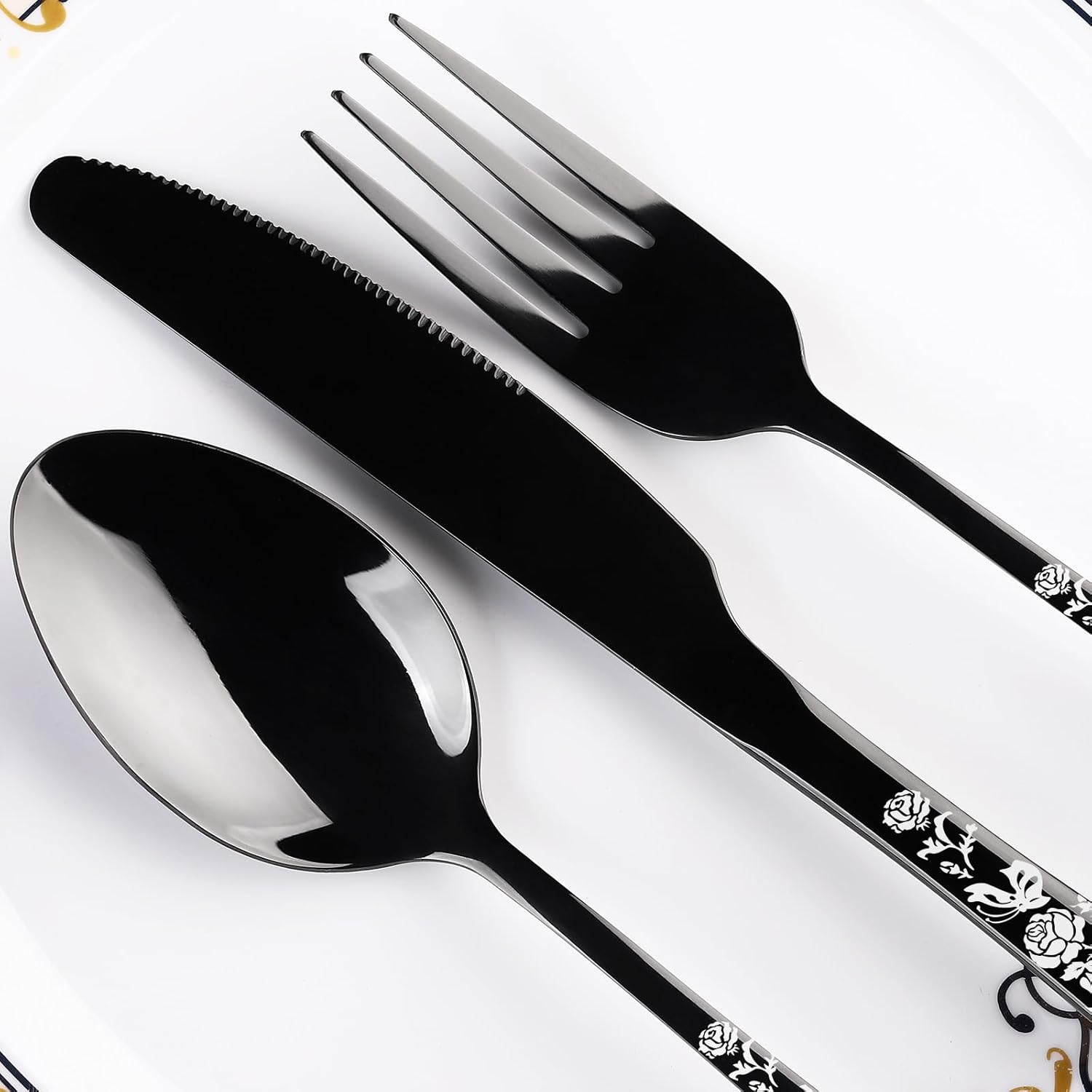 Skull Black Silverware Set for 8, 40-Piece Pirate Rose Flatware Set, Gothic Skeleton Flower Bat Knive Fork Spoon Cutlery Dinnerware for Decoration,Halloween horror,Christmas, Party, Gift,Housewarming