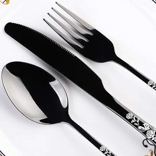 Miniatura 4 de OIULO Juego de cubiertos negros mate, 40 piezas de cubiertos de Navidad para 8, utensilios de acero inoxidable, cubiertos con acabado satinado,