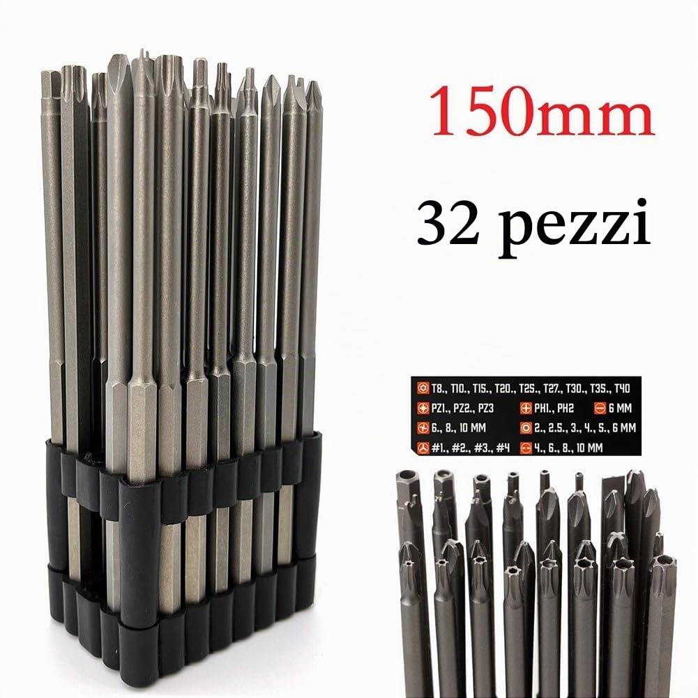 Set di punte per cacciavite, 32 pezzi, 150 mm di lunghezza, per chiavi Torx antimanomissione, punte per trapano PH1, PH2, PZ1, PZ2, di ricambio