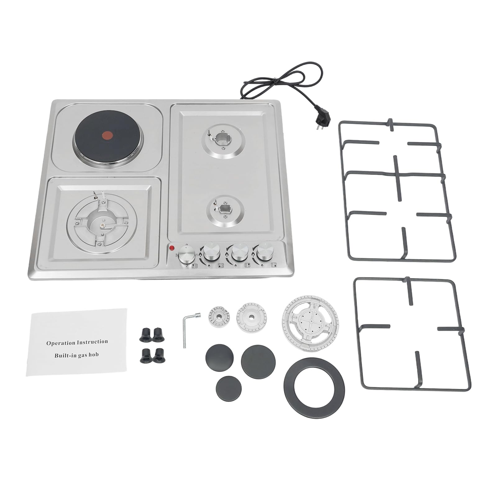 ROGONPDK Plaque de cuisson à gaz à 4 feux, 3 gaz + 1 plaque électrique, cuisinière à gaz avec protection contre les pannes de flamme, en acier inoxydable, encastrable, plaque de cuisson à gaz - 4