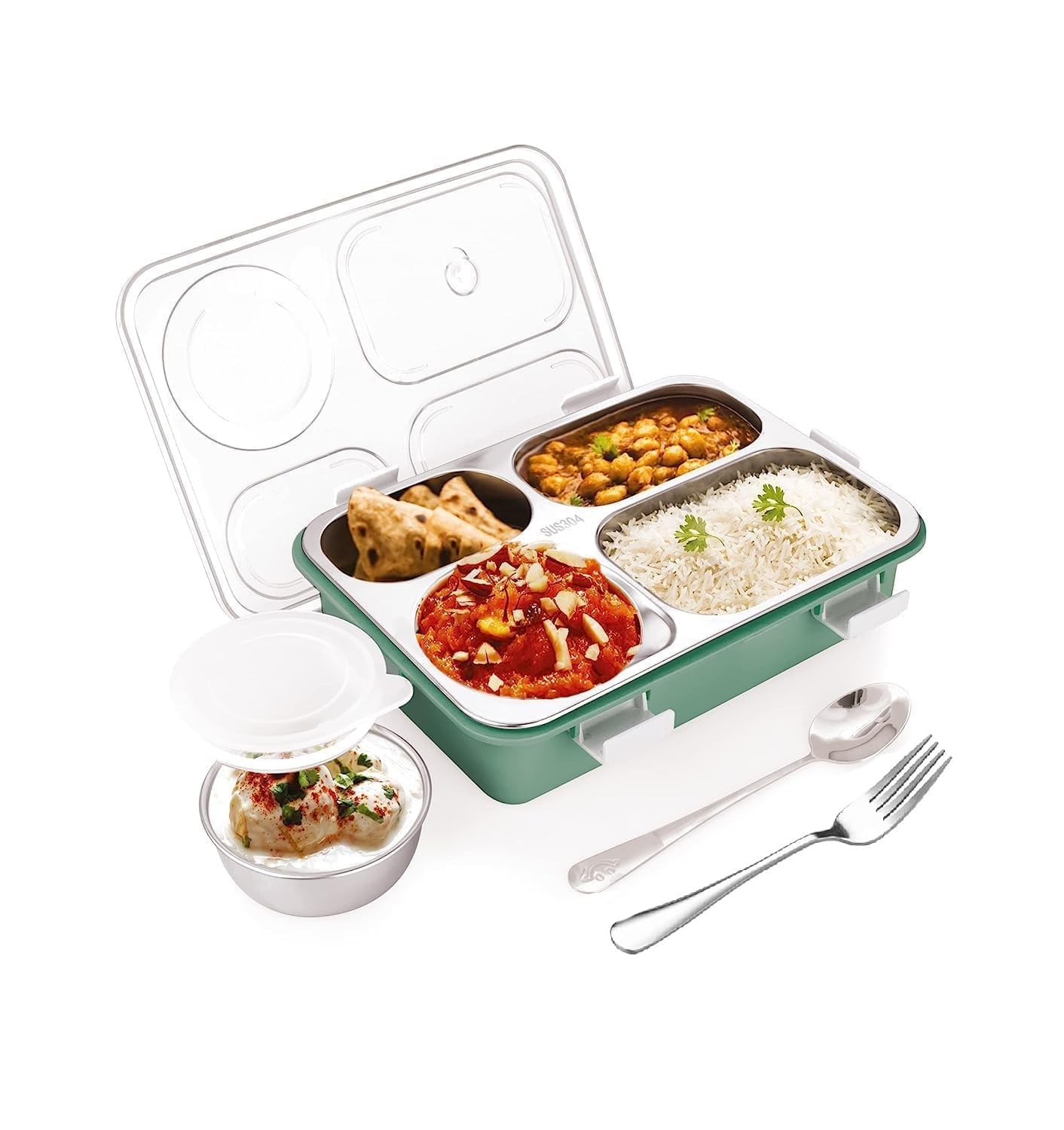 ESnipe Mart Students Sealed Leakage Proof Stainless Steel Lunch Box with Chopstick & Spoon Lid Office Food Container 4 Compartment for Kids & Adults (Green)