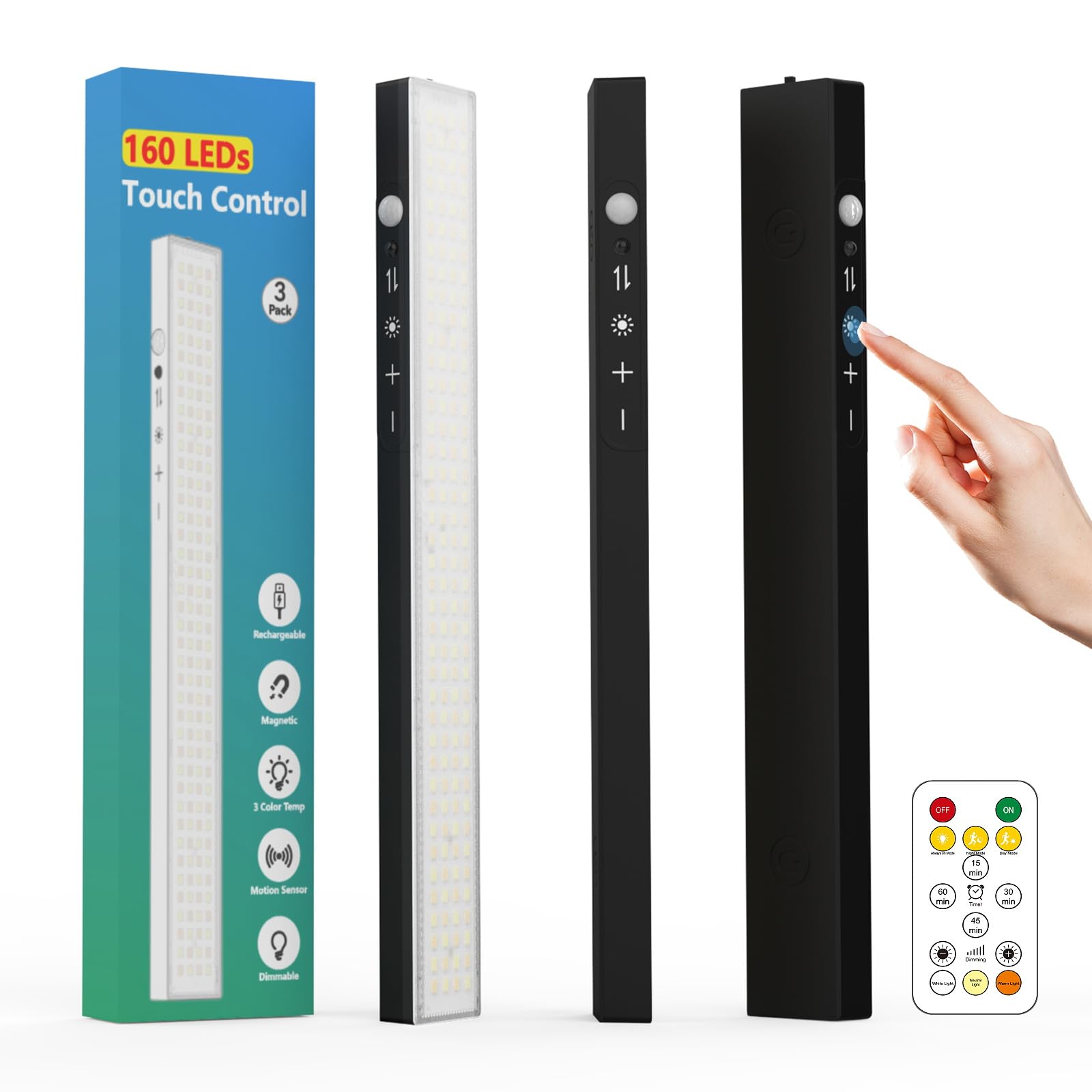 Photo 1 of 12inch 3Pack Touch Control Under Cabinet Lighting, 160LED Super Bright, 4000mAh Long-Lasting, Magnetic Rechargeable Motion Sensor Under Counter Lights for Kitchen, Closet, Remote, Dimmable, 3CCT?Black