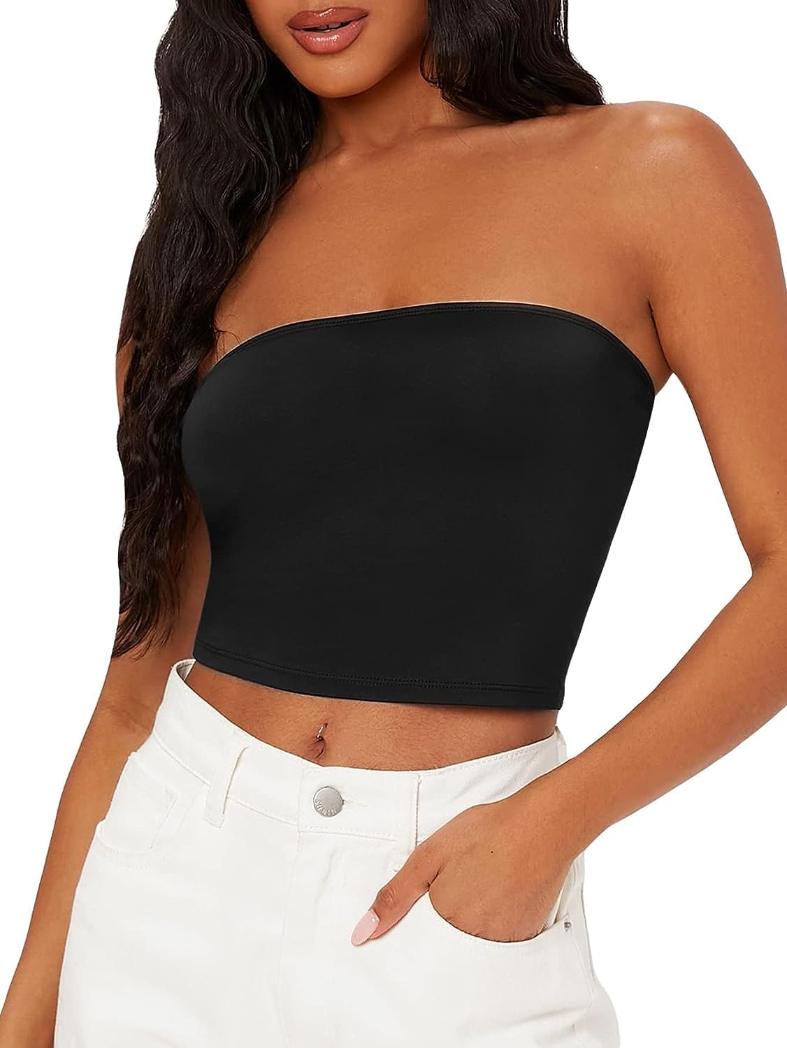 Women's Crop Top Sleeveless Stretchy Solid Strapless Tube Top-image-33