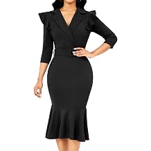 SxClub Elegant Dress for Women Sexy 3/4 Sleeve Business Knee Length Dresses Fishtail Zipper Belt