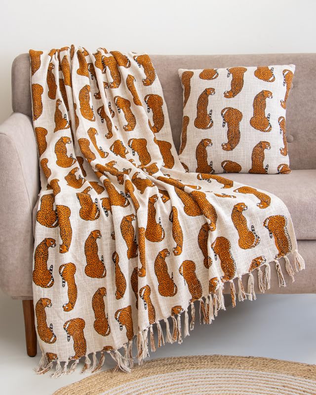 Image of Safari Leopard Heritage Printed Cotton Sofa Throw Blanket (50x70 Inches) with 2 Pcs Cushion Cover (16x16 Inch) Soft Lightweight for Couch, Living Room & Bed (Pack of 3)