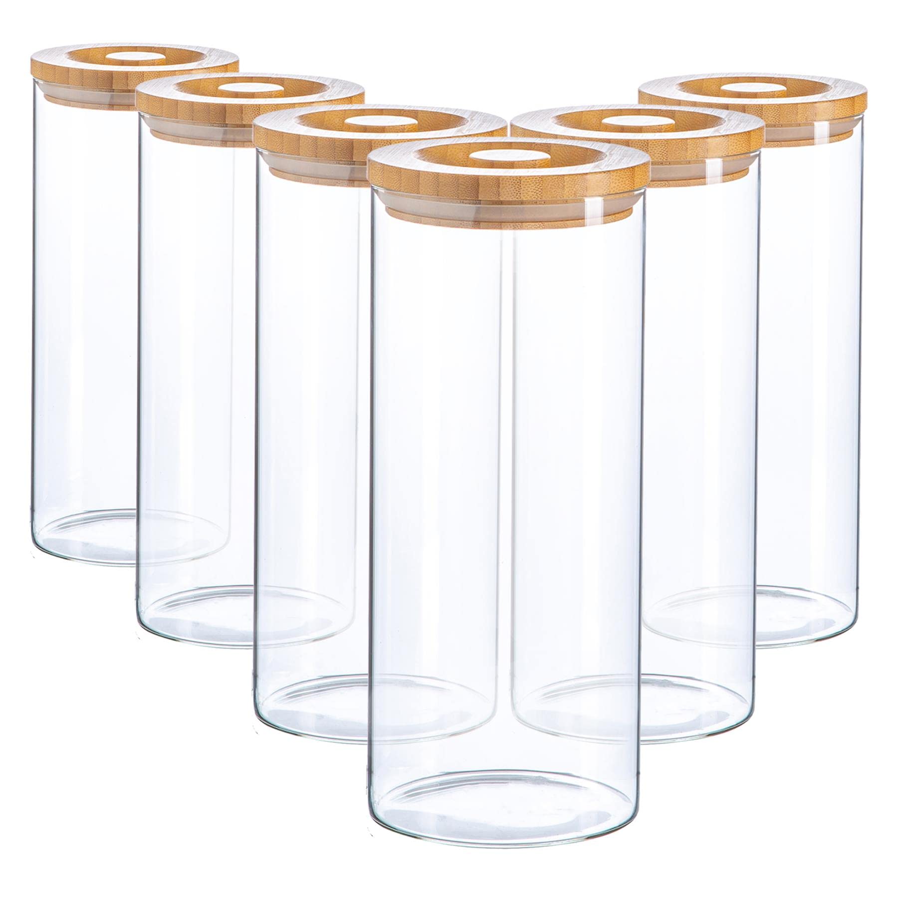 Argon Tableware Brown Scandi Storage Jars With Wooden Lids - 1500Ml - 6 Pack - Modern Round Organisation Container Glass Jar For Kitchens, Pantry, Bathrooms, Utility Rooms