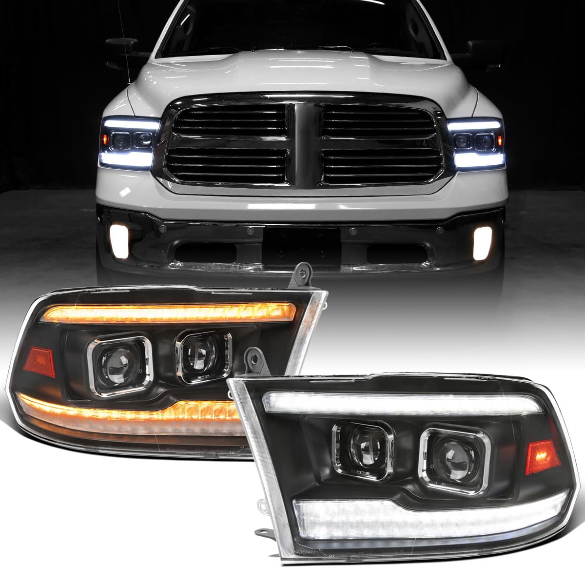 Ronnin - Fits 2009-2018 Ram 1500 2500 3500 2019-2024 Ram 1500 Classic Halogen Dual Projector Headlights LED Switchback Sequential Signal + Animated