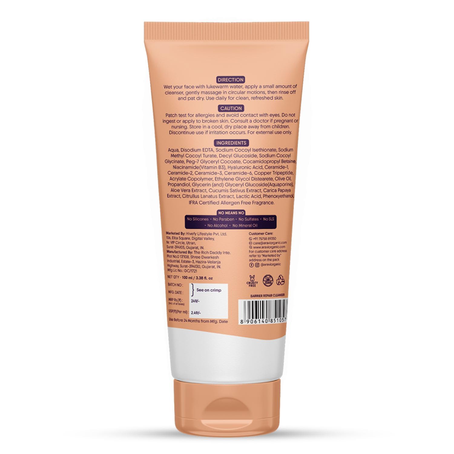 Aravi Organic Hydrating Barrier Repair Face Wash -With Ceramide, Niacinamide & Hyaluronic Acid -Nourishing & Hydrating Cleanser for All Skin Types -Gentle Daily Cleanser for Soft & Smooth Skin -100 ml