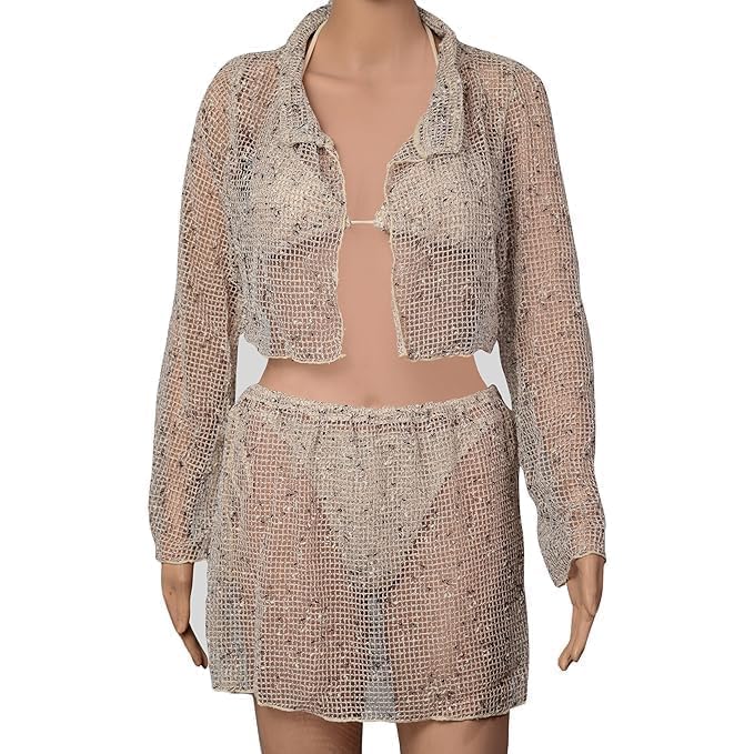 lavnik 4 Way Net Pattern Combo Lingerie Set| Full Coverage Net Bra in Cream Colour with Macing Knicker Set| Knicker & Bra+Long Sleeves Shirt and Cute Mini Skirt| Swim, Beach, Sports,Wear|-picture-11