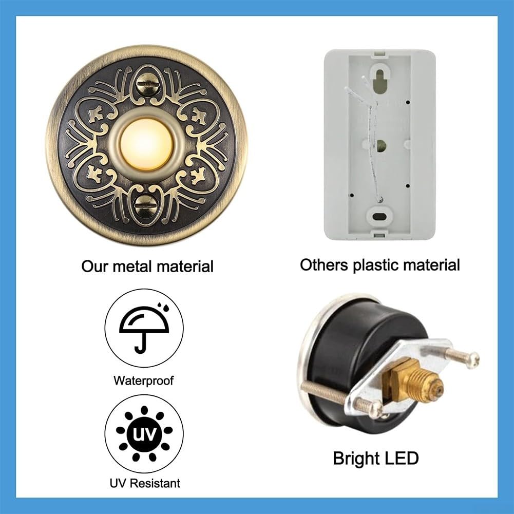 Bouton poussoir de sonnette en métal, bronze antique avec vis, sonnette lumineuse à LED pour porte d'entrée de maison