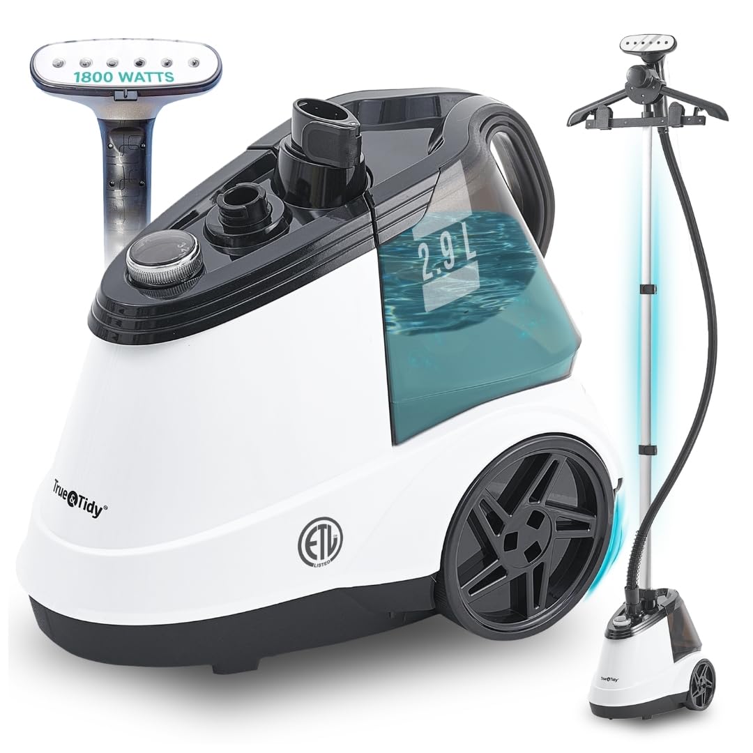 Vaporizador de prendas comercial de tamaño completo, resistente y de pie, True Tidy, con tanque de agua extra grande de 2,9 L (98 oz) para 90 minutos de tiempo de vapor, 1800 vatios de vapor potente, 3 configuraciones, color blanco