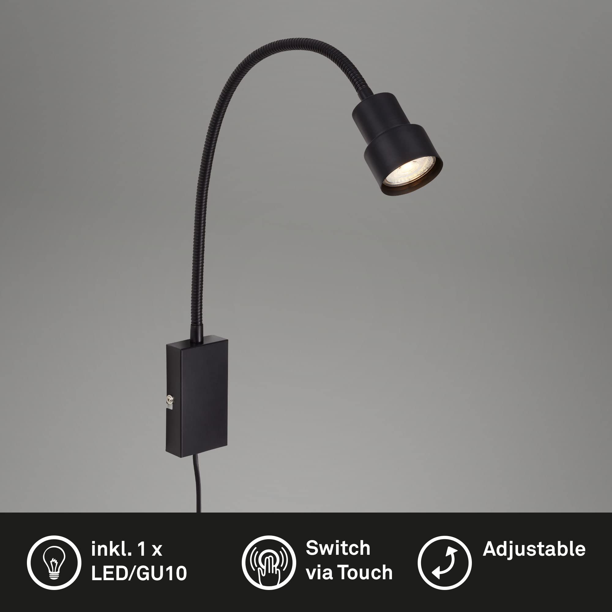 BRILONER - Lampe de lecture LED avec interrupteur marche/arrêt, pivotante, lampe murale, lampe de chevet, lampe de chevet, lumière de lecture, lampe de table de nuit, 69x11,5x6 cm, noir