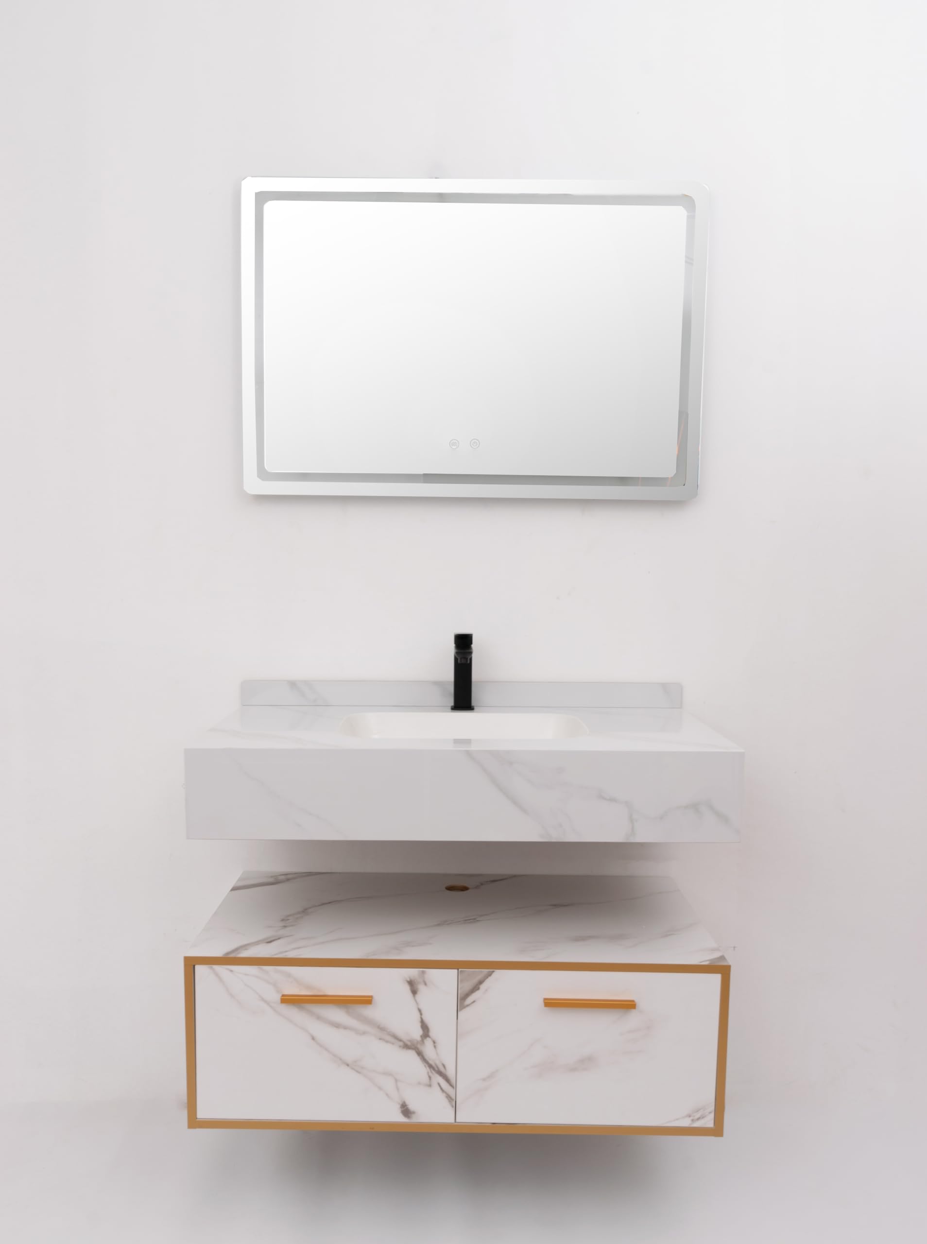 WITIT ARREDO BAGNO SET COMPLETO MOBILE BAGNO SOSPESO IN LEGNO BC011 DA 90 CM BIANCO ORO CON 2 CASSETTI LAVABO BIANCO STRIATO IN CERAMICA E SPECCHIERA LED VETRO RISCALDABILE