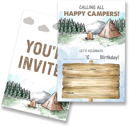 Invitaciones de fiesta de cumpleaños para campamento, juego de 20 con sobres, tarjetas de invitación de cumpleaños de campamento de aventura en el