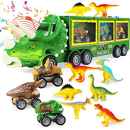 Dinosaur Toy Truck for Kids 3-7 with Flashing Lights, Music and Roaring Sound, 10 in 1 Dinosaur Toys for Boys and Girls, 3 Pull Back Dinosaur Cars, 6 Dinosaur Toys and 1 Dinosaur Carrier Truck