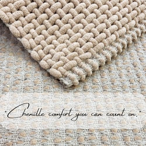 Image of SANMARINO Non Slip Chenille Bath Mat, Extra Soft Bathroom Mat, Super Absorbent Fluffy Bath Mats for Bathroom, Machine-Washable Quick Dry Bath Rug Foot Mat, 16 inchx24 inch, Beige