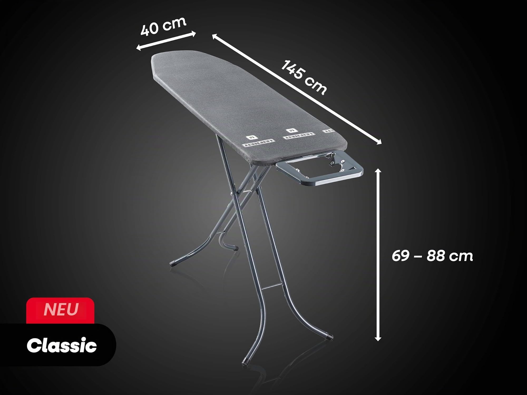 Leifheit Bügelbrett Classic M Black, Bügeltisch mit Fläche bis 120 x 38 cm | Kompakter Bügeltisch in Anthrazit, 69-88 cm verstellbar, feste Metall-Bügeleisenablage, Transportsicherung, schwarz