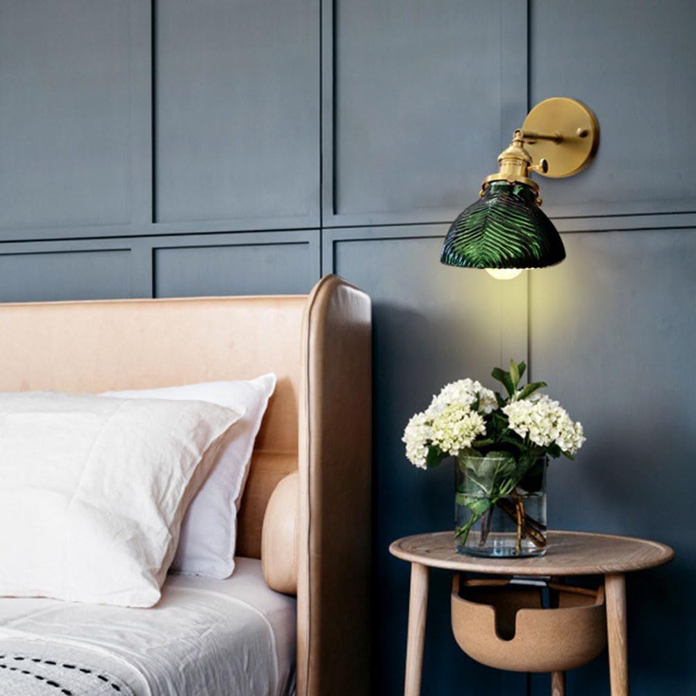 Mosiężna lampa ścienna z włącznikiem, lampka nocna, zielony klosz szklany, lampa ścienna E27 w stylu vintage, oświetlenie ścienne w stylu retro do sypialni, salonu, korytarza i schodów
