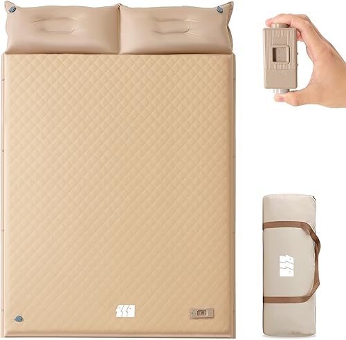 Colchoneta de dormir autoinflable con bomba, 3.14 pulgadas de grosor de espuma viscoelástica doble con almohada (caqui)