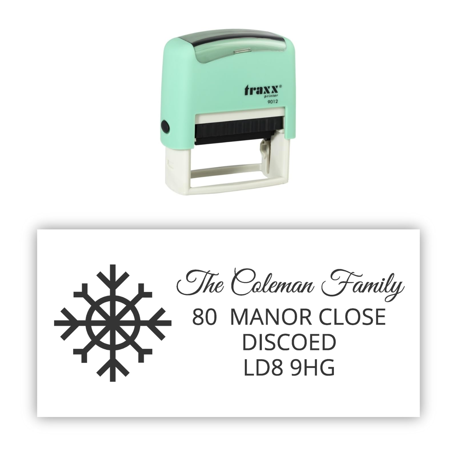 Stamp Design 4U Black Traxx 9012 Personalised Christmas Self Inking Rubber Stamp - Snowflake With 4 Lines Of Custom Text In Ink