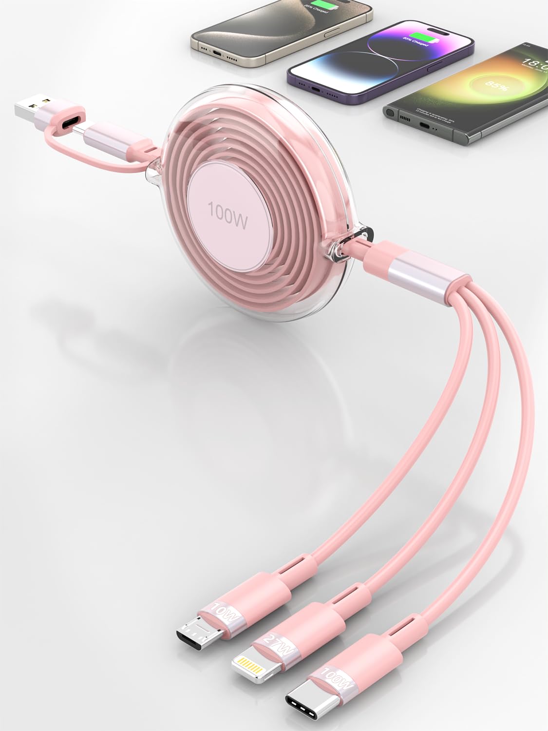 100W Retractable USB C Cable, 4-in-1 Multi Charging Cable Fast Charging USB- C/A To Lightning/USB-C Retractable Phone Charger Cord For IPhone 15, Samsung, MacBook, IPad