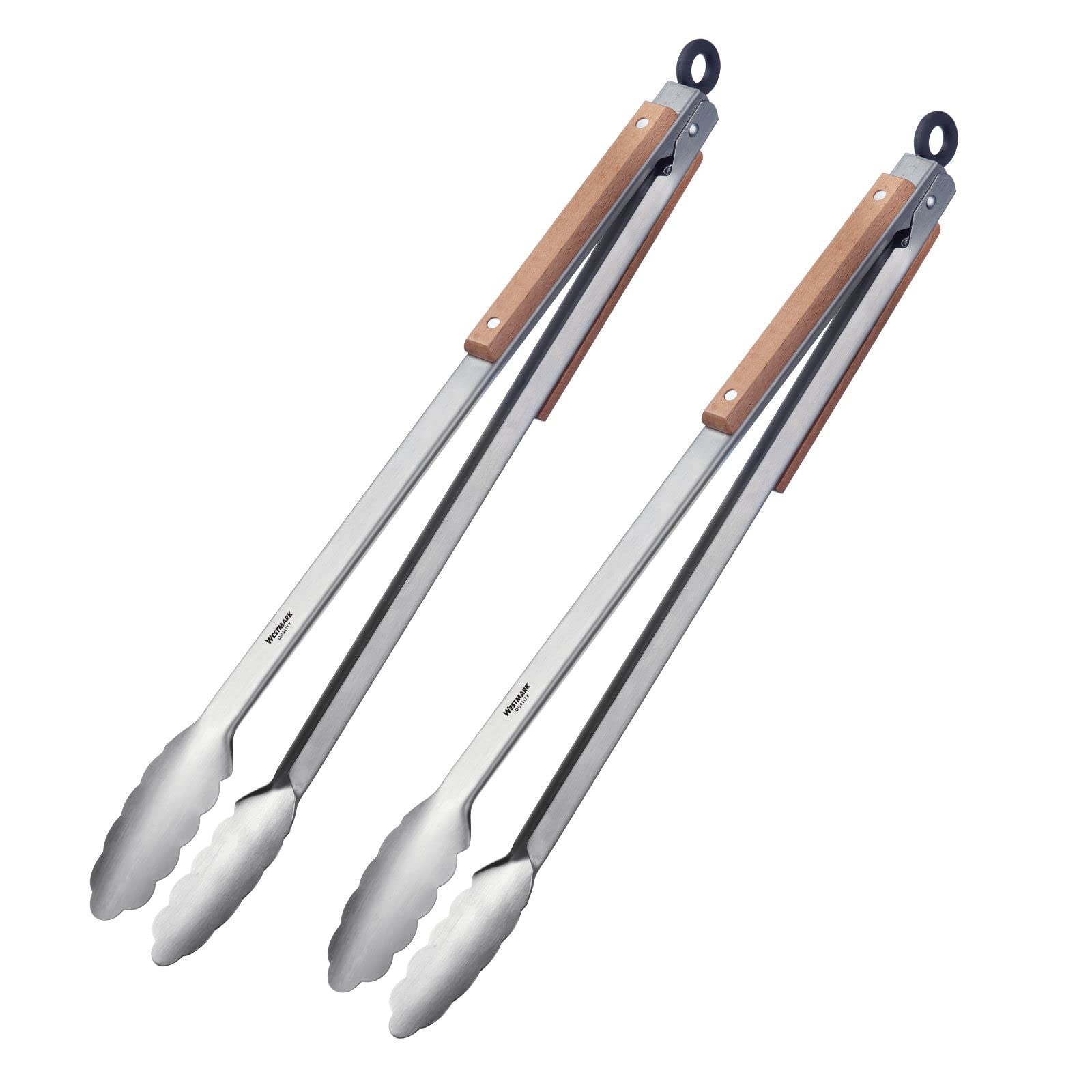 Westmark Classic Wood Maxi 162922E3 - Juego de 2 pinzas para barbacoa, con asas de acero inoxidable y elementos de madera en las asas, longitud: 44 cm, acero inoxidable/madera, Classic Wood Maxi,